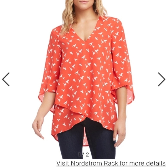 Karen Kane Asymmetric Blouse Hummingbird Design Angel Sleeve High Low Size Med - Picture 12 of 12